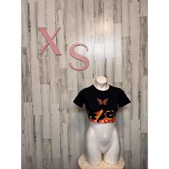Butterfly Flame Graphic Crop Top Black Stretch Tee Size XS - Picture 1 of 8